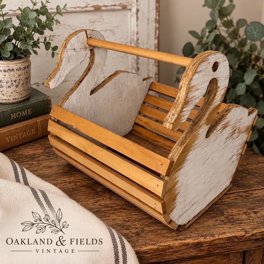 Handmade Wooden Swan/ goose Basket Vintage Farmhouse